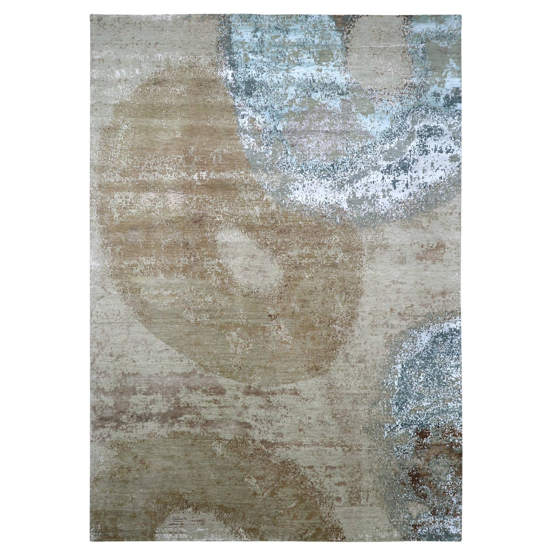 Beige and Light Blue, Densely Woven, Persian Knot, Abstract with Galaxy Design, 100% Wool, Hand Knotted, Oriental Rug
